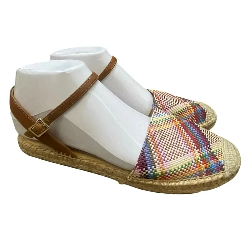 Talbots Espadrilles 7 1/2 IZZY D'ORSAY Closed Toe Ankle Strap Woven Madras Flats